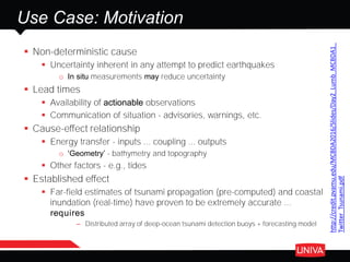 Use Case: Motivation
 Non-deterministic cause
 Uncertainty inherent in any attempt to predict earthquakes
o In situ measurements may reduce uncertainty
 Lead times
 Availability of actionable observations
 Communication of situation - advisories, warnings, etc.
 Cause-effect relationship
 Energy transfer - inputs ... coupling ... outputs
o ‘Geometry’ - bathymetry and topography
 Other factors - e.g., tides
 Established effect
 Far-field estimates of tsunami propagation (pre-computed) and coastal
inundation (real-time) have proven to be extremely accurate ...
requires
– Distributed array of deep-ocean tsunami detection buoys + forecasting model
http://credit.pvamu.edu/MCBDA2016/Slides/Day2_Lumb_MCBDA1_
Twitter_Tsunami.pdf
 