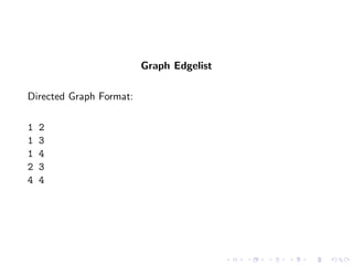 Graph Edgelist

Directed Graph Format:

1   2
1   3
1   4
2   3
4   4
 