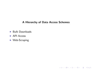 A Hierarchy of Data Access Schemes


Bulk Downloads
API Access
Web-Scraping
 