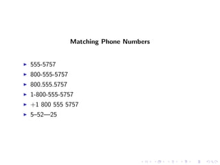 Matching Phone Numbers


555-5757
800-555-5757
800.555.5757
1-800-555-5757
+1 800 555 5757
5–52—25
 