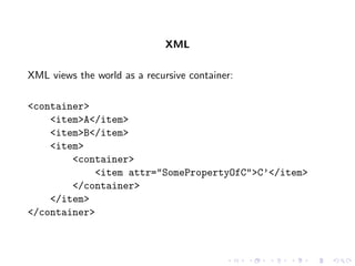 XML

XML views the world as a recursive container:

<container>
    <item>A</item>
    <item>B</item>
    <item>
        <container>
            <item attr="SomePropertyOfC">C’</item>
        </container>
    </item>
</container>
 