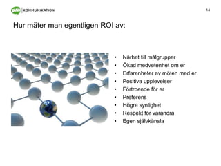 Hur mäter man egentligen ROI av:Närhet till målgrupper Ökad medvetenhet om erErfarenheter av möten med erPositiva upplevelserFörtroende för erPreferens Högre synlighetRespektförvarandraEgen självkänsla