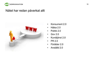 Nätet har redan påverkat alltKonsument 2.0Hälsa 2.0Politik 2.0Gov 2.0Kundtjänst 2.0PR 2.0Förälder 2.0Anställd 2.0