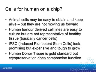 06/12/2016
Cells for human on a chip?
• Animal cells may be easy to obtain and keep
alive – but they are not moving us forward
• Human tumour derived cell lines are easy to
culture but are not representative of healthy
tissue (basically cancer cells)
• iPSC (Induced Pluripotent Stem Cells) look
promising but expensive and tough to grow
• Human Donor Tissue is gold standard but
cryopreservation does compromise function
 