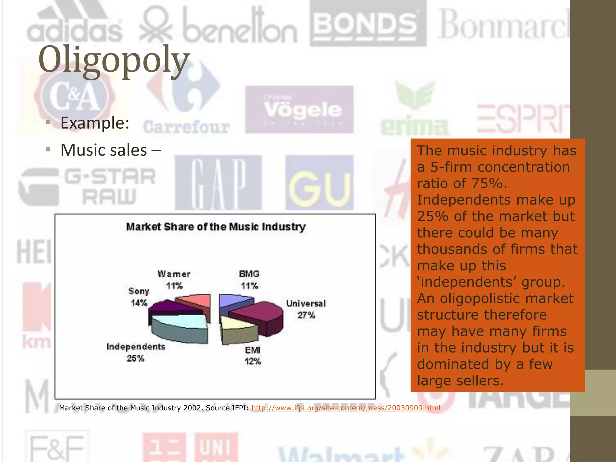 Oligopoly
• Example:
• Music sales – The music industry has
a 5-firm concentration
ratio of 75%.
Independents make up
25% of the market but
there could be many
thousands of firms that
make up this
‘independents’ group.
An oligopolistic market
structure therefore
may have many firms
in the industry but it is
dominated by a few
large sellers.
Market Share of the Music Industry 2002. Source IFPI: http://www.ifpi.org/site-content/press/20030909.html
 