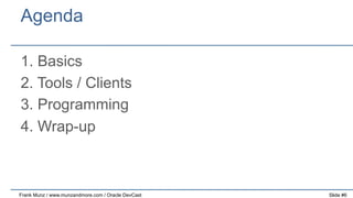 Agenda
1. Basics
2. Tools / Clients
3. Programming
4. Wrap-up

Frank Munz / www.munzandmore.com / Oracle DevCast

Slide #6

 