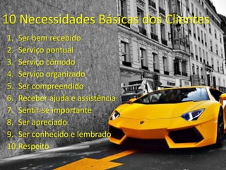 10 Necessidades Básicas dos Clientes
1. Ser bem recebido
2. Serviço pontual
3. Serviço cômodo
4. Serviço organizado
5. Ser compreendido
6. Receber ajuda e assistência
7. Sentir-se importante
8. Ser apreciado
9. Ser conhecido e lembrado
10.Respeito
 