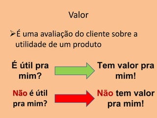 Valor
É uma avaliação do cliente sobre a
utilidade de um produto
É útil pra
mim?
Tem valor pra
mim!
Não é útil
pra mim?
Não tem valor
pra mim!
 