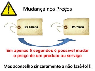 Mudança nos Preços
Mas aconselho sinceramente a não fazê-lo!!!
R$100,00 R$ 70,00
Em apenas 5 segundos é possível mudar
o preço de um produto ou serviço
 