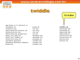 twiddle
                                                  CLI do JBoss




app/jboss-4.2.2.GA/bin$ ls
classpath.sh                  probe.sh       twiddle.sh
javassist.jar                 run.bat        wsconsume.bat
jboss-profiler-plugins.jar    run.conf       wsconsume.sh
jboss-profiler.jar            run.jar        wsprovide.bat
jboss-profiler.properties     run.sh         wsprovide.sh
jboss_init_hpux.sh            shutdown.bat   wsrunclient.bat
jboss_init_redhat.sh          shutdown.jar   wsrunclient.sh
jboss_init_suse.sh            shutdown.sh    wstools.bat
jmxremote.password            twiddle.bat    wstools.sh
jmxremote.password.template   twiddle.jar
probe.bat                     twiddle.log




                                                                 20
 