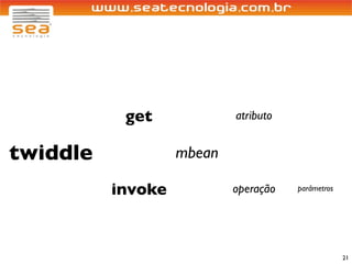 get             atributo


twiddle            mbean

          invoke           operação   parâmetros




                                                   21
 