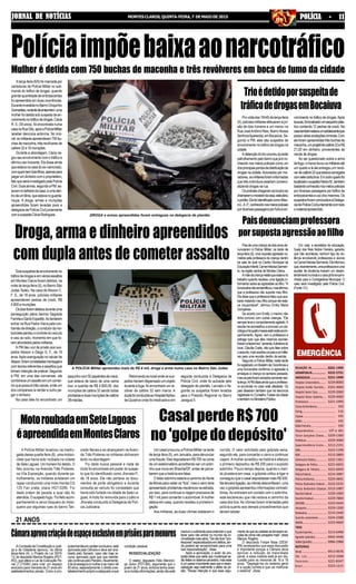 3221-1404
3222-2731
3221-1090
3224-8000
2101-4000
3229-2000
3229-4000
3221-1999
193
116
195
192
190
197 e 181
3229-1300
3229-3000
3212-2191
3222-1198
3212-2800
3222-1361
3221-6655
3221-6650
3214-3987
3229-4841
3222-5233
3212-1087
3229-1000
3229-7800
3223-5644
3229-1200
3214-2440
3224-2288
3223-9669
3213-6498
9942-4446
9986-2988
9913-9676
3212-3368
3221-8347
3223-1215
REDAÇÃO JN...........................
ASSINATURAJN.....................
ANÚNCIOSJN.........................
Hospital Universitário..........
Hospital Aroldo Tourinho....
Hospital Santa Casa.............
Hospital Dilson Godinho.....
Prontosocor............................
CorpodeBombeiros............................
Cemig.......................................................
Copasa....................................................
SAMU........................................................
RádioPatrulha.......................................
Disquedenúncia.....................
Fórum Gonçalves Chaves.....
Prefeitura.................................
Superintendência Ensino.....
OAB.............................................
RISP..............................................
Defensoria Pública.................
Delegacia de Polícia .............
Delegacia de Trânsito...........
PolíciaFederal.........................
PolíciaAmbiental...................
Polícia Rodoviária Federal....
Polícia Rodoviária Estadual..
ReceitaFederal......................
ReceitaEstadual.....................
DER/MG....................................
Aeroporto.................................
Rodoviária.................................
Guincho automóveis.............
IBAMA........................................
TÁXIS
PçadeEsportes......................
Agnaldo (plantão) .................
Valdei(plantão).......................
MOTOTÁXIS
Sinval..........................................
São Luís.........................
Panorama......................
Brasil..............................
JORNAL DE NOTÍCIASJORNAL DE NOTÍCIASJORNAL DE NOTÍCIASJORNAL DE NOTÍCIASJORNAL DE NOTÍCIAS MONTESCLAROS,QUINTA-FEIRA,7 DEMAIODE2015 POLÍCIA - 11POLÍCIA - 11POLÍCIA - 11POLÍCIA - 11POLÍCIA - 11
AComissãodeConstituiçãoeJusti-
ça e de Cidadania aprovou, na última
terça-feira (4), o Projeto de Lei 5974/
13, do deputado Marcos Rogério (PDT-
RO), que altera a Lei de Execução Pe-
nal (7.210/84) para criar um espaço
exclusivo para menores de 21 anos em
estabelecimentos penais. Como a pro-
Aterça-feira(6/5)foimarcadapor
varreduras da Polícia Militar no sub-
mundo do tráfico de drogas, quando
grandequantidadedeentorpecentes
foi apreendida em duas ocorrências.
DuranteinvestidanoBairroChiquinho
Guimarães,natardedeanteontem,uma
mulher foi detida sob suspeita de en-
volvimentonotráficodedrogas.Cácia
R. S. (35 anos), foi encontrada numa
casanaRuaOito,apósaPolíciaMilitar
receber denúncia anônima. No imó-
vel,osmilitaresapreenderam750bu-
chas de maconha, três revólveres de
calibre32e16munições.
Durante a abordagem, Cácia ne-
gouseuenvolvimentocomotráficoe
afirmou ser inocente. Ela disse ainda
queestavanacasadoex-namorado,
comquemtemdoisfilhos,apenaspara
pegarumdinheirocomoproprietário,
fatoqueseriainvestigadopelaPolícia
Civil.Duasarmas,segundoaPM,es-
tavamnotelhadodacasa,eumaden-
trodeumtênis,queestavanoguarda-
roupa. A droga, armas e munições
apreendidas foram levadas para a
delegacia de Polícia Civil juntamente
comasuspeitaCáciaRodrigues.
Políciaimpõebaixaaonarcotráfico
Mulher é detida com 750 buchas de maconha e três revólveres em boca de fumo da cidade
Doissuspeitosdeenvolvimentono
tráficodedrogaseemváriosassaltos
em Montes Claros foram detidos, na
noite de terça-feira (5), no Bairro São
Judas Tadeu. Na casa de Alisson C.
F. S., de 18 anos, policiais militares
apreenderam pedras de crack, R$
4.800 e munições.
Osdoisforamdetidosduranteuma
perseguição pelos bairros Sagrada
FamíliaeSantoExpedito.Aotentarem
entrar na Rua Padre Vieira pela con-
tramãodedireção,ocondutordamo-
tocicleta perdeu o controle do veículo
e caiu ao solo, momento em que fo-
ramabordadospelosmilitares.
A PM deu voz de prisão aos sus-
peitos Alisson e Diego G. F., de 19
anos.Apósaveriguaçãonocelularde
Alisson,foramconstatadasmensagens
com teores referentes a assaltos que
tinhamintençãodepraticar.Segundo
a PM, em uma das conversas, ele
combinavaumassaltoemumcomer-
cio que possuía três caixas, onde um
dos comparsas ia render e outro pe-
gar o dinheiro.
Na casa dele foi encontrado um
Porvoltadas16h45deterça-feira
(5),policiaismilitaresefetuaramapri-
são de dois homens e um menor na
Rua JoséAntônio Reis, Bairro Nossa
SenhoraAparecida,emBocaiúva.Se-
gundo a PM, eles são suspeitos de
envolvimento no tráfico de drogas na
cidade.
Adetençãodotrioocorreudurante
patrulhamentopelobairroquejáéco-
nhecido nos meios policiais como um
dosprincipaispontosdedistribuiçãode
drogas na cidade.Acionados por mo-
radores,osmilitaresforaminformados
que três indivíduos estariam comerci-
alizandodrogasnarua.
Ospoliciaischegaramaolocaleao
chamaremomoradordacasa,esteabriu
oportão.ElefoiidentificadocomoMau-
roL.A.P.,conhecidonosmeiospoliciais
pordiversaspassagensporfurtoeen-
Um casal procurou a Polícia Militar na tarde
de terça-feira (5), em Januária, para denunciar
uma fraude. Eles depositaram R$ 700 na conta
de um estelionatário acreditando ser um sobri-
nho que mora em Brasília/DF, antes de perce-
berem que a história era falsa.
O falso sobrinho estaria a caminho do Norte
de Minas para visitar os "tios", mas o carro teria
apresentado problemas mecânicos na estrada,
por isso, para continuar a viagem precisava de
R$ 1 mil para consertar o automóvel.Amulher
estava em casa, quando recebeu a primeira li-
gação.
Aos militares, as duas vítimas relataram o
A Polícia Militar localizou na madru-
gada dessa quarta-feira (6), uma motoci-
cleta que havia sido roubada na cidade
de Sete Lagoas. Um homem foi detido. O
fato ocorreu na Avenida Três Poderes,
na Vila Exposição, quando durante pa-
trulhamento, os militares avistaram um
rapaz conduzindo uma moto Honda CG
125 Fan prata, placa HGT-0285. Foi
dada ordem de parada a qual não foi
atendida. O suspeito fugiu. Foi feito acom-
panhamento e cerco bloqueio do moto-
queiro por algumas ruas do bairro Tan-
Paisdeumacriançadedoisanosde-
nunciaram à Polícia Militar, na tarde de
terça-feira (5), uma suposta agressão co-
metida pela professora da criança dentro
da sala de aula no Centro Municipal de
EducaçãoInfantil,CemeiHeloísaSarmen-
to, na região central de Montes Claros.
Amãedacriançarelataqueestavano
trabalho quando recebeu uma ligação in-
formando sobre as agressões ao filho. "A
funcionárianãoseidentificou,masafirmou
que a professora não suporta meu filho.
Eladissequeaprofessorafalouqueaca-
baria matando meu filho porque ele esta-
va insuportável", afirmou Emilly Maria
Gonçalves.
De acordo com Emilly, o menino não
tinha convívio com outras crianças. "Ele
sempreteveocomportamentoagitado.A
escolameaconselhouaprocurarumpsi-
cólogoeháquatromesesestánesteacom-
panhamento. Agora, vem a professora e
estraga tudo que eles mesmos aconse-
lharamafazermos",lamenta.Adiretorado
local, Cláudia Costa, não quis falar sobre
oassunto,masrecebeuospaiseosmilita-
res para uma reunião dentro da escola.
Segundo a Polícia Militar, nesta tarde
foiregistradoumBoletimdeOcorrênciae
uma funcionária confirmou a agressão e
ameaças à criança na semana passada,
masospaisforamavisadossomentenes-
taterça.APMdisseaindaqueaprofesso-
ra envolvida no caso está afastada. Os
pais disseram também que há denúncia
registrada no Conselho Tutelar da cidade
etambémnoMinistérioPúblico.
DROGA e armas apreendidas foram entregues na delegacia de plantão
Droga, arma e dinheiro apreendidos
com dupla antes de cometer assalto
A POLÍCIA Militar apreendeu mais de R$ 4 mil, droga e arma numa casa no Bairro São Judas
saquinhocom50papelotesdecrack,
que estava de baixo de uma cama
box, a quantia de R$ 4.800,00, dez
munições de calibre 32 sendo todas
picotadaseduasmuniçõesdecalibre
38intactas.
Retornandoaolocalondeossus-
peitos haviam dispensado um objeto
durante a fuga, foi encontrado um re-
vólver de calibre 32 sem marca. A
duplafoiconduzidaaoHospitalAlpheu
de Quadros onde foi medicada e em
seguida conduzida à Delegacia de
Polícia Civil, onde foi autuada pelo
delegado de plantão. Lavrado o fla-
grante os suspeitos foram levados
para o Presídio Regional no Bairro
Jaraguá II.
Trioédetidoporsuspeitade
tráficodedrogasemBocaiuva
volvimento no tráfico de drogas.Após
buscas,foilocalizadoumsaquinhoplás-
tico contendo 12 pedras de crack. Na
casatambémestavaumadolescenteque
possuiváriasanotaçõescriminais.Com
eleforamapreendidastrêsbuchasde
maconha,umprojétildecalibre22eR$
21,00 em dinheiro, provenientes da
venda de drogas.
Ao ser questionado sobre a arma
defogo,omenorlevouosmilitaresaté
um quarto e lá ele entregou um revól-
verdecalibre22queestavacarregada
comsetecartuchos.Emoutroquartofoi
localizadoosuspeitoHectorM.,também
bastanteconhecidonosmeiospoliciais
por diversas passagens por tráfico de
entorpecenteseusodosmesmos.Os
suspeitosforamconduzidosàDelega-
ciadePolíciaCiviljuntamentecomtodo
omaterialapreendido.
Paisdenunciamprofessora
porsupostaagressãoaofilho
Em nota, a secretária de educação,
Suely dos Reis Nobre Ferreira, garantiu
que não aconteceu nenhum tipo de vio-
lência envolvendo professores e alunos
noCemeiHeloísaSarmento.Elainformou
que,recentemente,umaprofessoraeuma
auxiliar de docência tiveram um desen-
tendimentonolocaleocasojáfoiencami-
nhado para a Corregedoria Municipal. O
caso será investigado pela Polícia Civil.
(Fonte G1)
Casal perde R$ 700
no'golpedodepósito'
corrido. O valor solicitado pelo golpista seria,
segundo ele, para concertar o carro e continuar
viajem.Amulher acreditou na história e efetuou
o primeiro depositou de R$ 200 para o suposto
sobrinho. Pouco tempo depois, quando o mari-
do já estava em casa, o golpista voltou a ligar e
conseguiu que o casal depositasse mais R$ 500.
Naterceiraligação,asvítimasdesconfiaram,uma
vez o golpista apresentou informações contradi-
tórias.Ao entrarem em contato com o sobrinho,
este esclareceu que não estava a caminho da
casa dos tios.As vítimas foram orientadas pela
polícia quanto aos demais procedimentos que
devem adotar.
MotoroubadaemSeteLagoas
éapreendidaemMontesClaros
credo Neves e ao alcançarem na Aveni-
da Três Poderes os militares obtiveram
êxito na abordagem.
Foi dada busca pessoal e nada de
ilícito foi encontrado em poder do suspei-
to que foi identificado como Jhonata P.,
de 18 anos. Ele não portava os docu-
mentos de porte obrigatório e durante
consulta ao veículo foi constatado que
havia sido furtado na cidade de Sete La-
goas.Amoto foi removida para o pátio e
Jhonata conduzido à Delegacia de Polí-
cia Judiciária.
21 ANOS
Câmaraaprovacriaçãodeespaçoexclusivoemprisõesparamenores
condição pessoal.
RESSOCIALIZAÇÃO
O relator, deputado Félix Mendon-
ça Júnior (PDT-BA), argumenta que o
jovem de 21 anos, embora tenha aces-
soamuitasinformações,aindanãoestá
maduroosuficienteparaentenderoque
fazer para não entrar no mundo da cri-
minalidademaisséria."Senãotiver"pro-
fessores"especializadosemdelitos,ain-
da poderá ser encaminhado para uma
real ressocialização", disse.
Após a aprovação, o autor da pro-
posta disse que sabe que mudanças se-
rãofeitasnosistemacarcerário,masesse
é um passo importante para que a resso-
cialização seja realmente o efeito da pri-
são. "Nossa intenção é que esse argu-
mentodequeascadeiassetornarames-
colas de crime não prospere mais", disse
Marcos Rogério.
O deputado Felipe Maia (DEM-
RN) acrescentou que essa discussão
é importante porque a Câmara deve
aprovar a redução da maioridade
penal, e essa medida está já em dis-
cussão para os menores de 16 a 18
anos. "Segregá-los do sistema geral
é a opção correta e que vai melhorar
o sistema", disse.
postatramitaemcaráterconclusivo,está
aprovada pela Câmara e deve ser ana-
lisado pelo Senado, caso não haja re-
curso aprovado para que sua tramita-
çãocontinuepeloPlenário.Atualmente,
aleijáasseguraàmulhereaomaiorde
60anos,separadamente,odireitoaes-
tabelecimentopróprioeadequadoasua
 