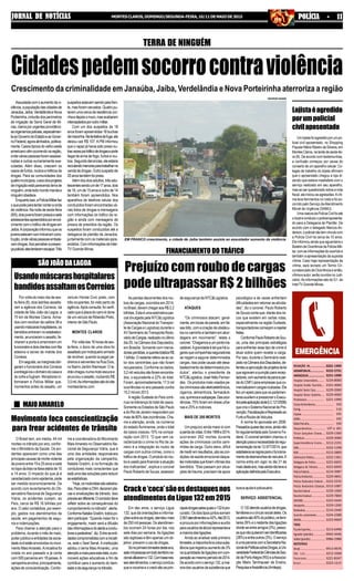 3221-1404
3222-2731
3221-1090
3224-8000
2101-4000
3229-2000
3229-4000
3221-1999
193
116
195
192
190
197 e 181
3229-1300
3229-3000
3212-2191
3222-1198
3212-2800
3222-1361
3221-6655
3221-6650
3214-3987
3229-4841
3222-5233
3212-1087
3229-1000
3229-7800
3223-5644
3229-1200
3214-2440
3224-2288
3223-9669
3213-6498
9942-4446
9986-2988
9913-9676
3212-3368
3221-8347
3223-1215
REDAÇÃO JN...........................
ASSINATURAJN.....................
ANÚNCIOSJN.........................
Hospital Universitário..........
Hospital Aroldo Tourinho....
Hospital Santa Casa.............
Hospital Dilson Godinho.....
Prontosocor............................
CorpodeBombeiros............................
Cemig.......................................................
Copasa....................................................
SAMU........................................................
RádioPatrulha.......................................
Disquedenúncia.....................
Fórum Gonçalves Chaves.....
Prefeitura.................................
Superintendência Ensino.....
OAB.............................................
RISP..............................................
Defensoria Pública.................
Delegacia de Polícia .............
Delegacia de Trânsito...........
PolíciaFederal.........................
PolíciaAmbiental...................
Polícia Rodoviária Federal....
Polícia Rodoviária Estadual..
ReceitaFederal......................
ReceitaEstadual.....................
DER/MG....................................
Aeroporto.................................
Rodoviária.................................
Guincho automóveis.............
IBAMA........................................
TÁXIS
PçadeEsportes......................
Agnaldo (plantão) .................
Valdei(plantão).......................
MOTOTÁXIS
Sinval..........................................
São Luís.........................
Panorama......................
Brasil..............................
JORNAL DE NOTÍCIASJORNAL DE NOTÍCIASJORNAL DE NOTÍCIASJORNAL DE NOTÍCIASJORNAL DE NOTÍCIAS MONTESCLAROS,DOMINGO/SEGUNDA-FEIRA,10/11DEMAIODE2015 POLÍCIA - 11POLÍCIA - 11POLÍCIA - 11POLÍCIA - 11POLÍCIA - 11
TERRA DE NINGUÉM
Cidadespedemsocorrocontraviolência
Crescimento da criminalidade em Janaúba, Jaíba, Verdelândia e Nova Porteirinha aterroriza a região
Assustadacomoaumentodavi-
olência,apopulaçãodascidadesde
Janaúba,Jaíba,VerdelândiaeNova
Porteirinha,cinturãodosperímetros
de irrigação da Serra Geral de Mi-
nas,clamaporurgentesprovidênci-
asorganismospoliciais,especialmen-
teaoGovernodoEstadoeaoGover-
noFederal,agoraalinhados,politica-
mente.Casostípicosdovelhooeste
americanovêmocorrendonaregião,
ondeváriaspessoasforamassassi-
nadas e outras sumariamente exe-
cutadas. Além disso, crescem os
casosdefurtos,roubosetráficosde
drogas. Para as comunidades dos
quatromunicípios,oeixodosprojetos
deirrigaçãoestáparecendoterrade
ninguém,ondetodomundomandae
ninguémobedece.
Enquantoisso,aPolíciaMilitarfaz
oquepodeparatentarconteraonda
deviolência.Nanoitedesexta-feira
(8/5),doisjovensforampresosesete
adolescentesapreendidosporenvol-
vimentocomotráficodedrogasem
Jaíba.Acorporaçãoinformouqueos
jovensestavamnumimóvelemcons-
trução,ondeváriaspessoasembala-
vamdrogas.Aosperceberapresen-
çapolicial,elestentaramescapar.Três
suspeitosestavamsaindopelafren-
te,masforamcercados.Quatropu-
laramumacercadaresidênciavizi-
nhaedepoisomuro,masacabaram
interceptadosporoutromilitar.
Com um dos suspeitos de 18
anosforamapreendidas18buchas
demaconha.Natentativadefuga,ele
deixou cair R$ 107. A PM informou
que o rapaz já havia sido preso ou-
trasvezesportráficodedrogaseporte
ilegal de arma de fogo, furtos e rou-
bos.Segundodenúncias,eleestaria
recrutandomenoresparatrabalharna
vendadedrogas.Outrosuspeitode
20anostambémfoipreso.
Alémdosdoisadultos,trêsado-
lescentessendoumde17anos,dois
de 16, um de 15 anos e outro de 14
também foram apreendidos. Nos
aparelhos de telefone celular dos
conduzidos foram encontradas vá-
rias fotos de drogas e mensagens
com informações do tráfico da re-
gião e ainda com mensagens de
presos de presídios da região. Os
suspeitos foram conduzidos até a
delegacia de plantão de Janaúba,
juntamente com os materiais apre-
endidos.CominformaçõesdaInter-
TV Grande Minas.
EM FRANCO crescimento, a cidade de Jaíba também assiste ao assustador aumento da violência
Um lojista foi agredido por um po-
licial civil aposentado, no Shopping
PopularMárioRibeirodaSilveira,em
Montes Claros, na tarde de sexta-fei-
ra (8). De acordo com testemunhas,
a confusão começou por causa do
conserto de um aparelho celular. Co-
legas de trabalho do lojista afirmam
que o aposentado chegou à loja di-
zendo que estava insatisfeito com o
serviço realizado em seu aparelho,
mas ao ser questionado sobre a nota
fiscal, ele iniciou as agressões.Avíti-
ma teve ferimentos no rosto e foi so-
corrido pelo Serviço deAtendimento
Móvel de Urgência (SAMU).
UmaviaturadaPolíciaCivilfoiaté
olocaleconduziuopolicialaposenta-
do para a Delegacia de Plantão. De
acordo com o delegado Marcos An-
derson,opolicialnãotemvínculocom
a Polícia Civil há cerca de 10 anos.
Ele informou ainda que aguardaria o
BoletimdeOcorrênciadaPolíciaMili-
tar,comasinformaçõesdoocorridoe
também a apresentação da suposta
vítima. Caso haja representação da
vítima, será lavrado um Termo Cir-
cunstanciado de Ocorrência e então,
vítimaeautor,serãoouvidosnoJudi-
ciário.As informações são do G1, da
InterTV Grande Minas.
Lojistaéagredido
porumpolicial
civilaposentado
Por volta do meio-dia de sex-
ta-feira (8), dois ladrões assalta-
ram a agência dos Correios, da
cidade de São João da Lagoa, a
70 km de Montes Claros. Arma-
dos com revólver de calibre 38 e
usandomáscarashospitalares,os
bandidosentraramnoestabeleci-
mento, anunciaram o assalto, fe-
charam a porta e amarraram um
funcionárioedoisclientescomfita
adesiva e lacres de malote dos
Correios.
Emseguida,osmarginaisobri-
garamofuncionáriodosCorreios
aentregá-losodinheirodocaixae
do cofre e fugiram. Moradores in-
formaram à Polícia Militar que,
momentos antes do assalto, um
As perdas decorrentes dos rou-
bos de cargas, ocorridos em 2014,
noBrasil,devemchegaraosR$2,2
bilhões. Esta é uma estimativa par-
cial divulgada pela NTC&Logística
(AssociaçãoNacionaldoTranspor-
te de Cargas e Logística) durante o
XVSemináriodeTransporteRodo-
viáriodeCargas,realizadonoúltimo
dia 29, na Câmara dos Deputados,
em Brasília. Somente com merca-
doriasperdidas,aquantiatotalizaR$
1bilhão.Orestanterefere-seaova-
lor dos caminhões que não foram
recuperados. Conforme os dados,
3,2milveículosnãoforamencontra-
dos, o equivalente a 22% do total.
Foram, aproximadamente, 17,5 mil
ocorrênciasnoanopassadocontra
15,2 mil em 2013.
A região Sudeste do País conti-
nua na liderança do total de casos.
Somente os Estados de São Paulo
e do Rio de Janeiro respondem por
maisde80%dasocorrências.Cha-
ma a atenção, ainda, os números
do estado fluminense, onde o total
de casos cresceu 10% na compa-
ração com 2013. “O que vem ca-
racterizando o crime no Rio de Ja-
neiro é a integração do roubo de
cargas com outros crimes, como o
tráficodedrogas.Oprodutodorou-
boéusadoparafinanciaraatuação
dos traficantes”, explica o coronel
Paulo Roberto de Souza, assessor
O Brasil tem, em média, 44 mil
mortes no trânsito por ano, confor-
me o Ministério da Saúde. Os aci-
dentes aparecem como uma das
principais causas de morte violenta
de jovens entre 19 e 25 anos e está
notopodalistanafaixaetáriade10
a 14 anos. O impacto do que já é
caracterizadocomoepidemia,pode
ser medido economicamente. De
acordo com levantamento do Ob-
servatório Nacional de Segurança
Viária, os acidentes custam, ao
País, cerca de R$ 16 bilhões por
ano. O valor contabiliza, por exem-
plo, gastos nos atendimentos de
saúde, em pagamentos de segu-
ros e indenizações.
Para chamar a atenção para o
problema, durante o mês de maio,
poderpúblicoeentidadesdasocie-
dadecivilestãoenvolvidosnomovi-
mentoMaioAmarelo.Ainiciativafoi
criada no ano passado e já conta
com 500 parceiros em 18 países.A
campanhaenvolve,principalmente,
ações de conscientização. Confor-
Em dez anos, o serviço Ligue
132, que dá orientações e informa-
çõessobreasdrogas,atendeumais
de250milpessoas.Osatendimen-
tos ocorrem 24 horas por dia, nos
sete dias por semana.As ligações
são sigilosas e têm apenas um ob-
jetivo: prevenir o uso de drogas.
Sónoprimeirotrimestredesteano,
setemilpessoasemtodoterritóriona-
cionalutilizaramo132.Combasenes-
sesatendimentos,oserviçoconcluiu
queacocaínaeocracksãoasprin-
SÃOJOÃODALAGOA
Usandomáscarashospitalares
bandidosassaltamosCorreios
veículo Honda Civic preto, com
três ocupantes, foi visto perto da
agência.Após consulta, foi verifi-
cadoqueaplacadocarroéclone
de um veículo de Ribeirão Preto,
interiordeSãoPaulo.
MONTES CLAROS
Porvoltadas16horasdesex-
ta-feira, o dono de uma obra foi
assaltadopormotoqueiroarmado
de revólver, quando ia pagar pe-
dreiros e serventes na Rua Dois,
no Bairro Jardim Niemeyer. O la-
drãochegounumamotoescurae
anunciouoassalto,roubandoR$
3,5mil.Asinformaçõessãodosite
montesclaros.com.
FINANCIAMENTO DO TRÁFICO
Prejuízo com roubo de cargas
pode ultrapassar R$ 2 bilhões
de segurança da NTC&Logística.
ATAQUES
“Os criminosos atacam, geral-
mente,emlocaisdeparada,emfal-
sasblitz,comacriaçãodeobstácu-
los no caminho e também em abor-
dagens em movimento”, relata o
coronel.“Chegamosaumpontoina-
ceitável.Agravidadeétalquehálu-
garesquecompanhiasseguradoras
se negam a segurar determinadas
cargas. Isso pode causar até desa-
bastecimentodedeterminadospro-
dutos”, alertou o presidente da
NTC&Logística,JoséHélioFernan-
des. Os produtos mais visados pe-
loscriminosossãoeletroeletrônicos,
cigarros, alimentícios, farmacêuti-
cos,químicoseautopeças.Dasocor-
rências, 75% foram em áreas urba-
nas e 25% e rodovias.
MAIS DE 200 MORTES
Um prejuízo ainda maior é com
aperdadevidas.Entre1998e2014,
ocorreram 262 mortes durante
ações de criminosos contra cami-
nhões de carga. Outro dano, difícil
demediremresultados,sãoascon-
dições da saúde emocional daque-
lesmotoristasqueforamvítimasdos
bandidos. “Eles passam por situa-
ções de trauma, precisam de apoio
psicológico e às vezes enfrentam
dificuldades em retomar as ativida-
des”, diz o coronel. Paulo Roberto
de Souza conta que, diante dos ris-
cos que existem em certas rotas,
especialmente na região Sudeste,
transportadorescomeçamarejeitar
fretes.
ConformePauloRobertodeSou-
za, uma das principais estratégias
para enfrentar esse tipo de crime é
atuar sobre quem recebe a carga.
Por isso, durante o Seminário reali-
zadonaCâmaradosDeputados,de-
fendeuaaprovaçãodeprojetosdelei
queagravamapuniçãopararecep-
tadores,comaumentodapenaeper-
dadoCNPJparaempresasqueco-
mercializaremcargasroubadas.Ele
fezumapeloparaqueosparlamen-
taresauxiliemapressionaroExecu-
tivopelaaplicaçãodalei(LC121/2006)
quecriaoSistemaNacionaldePre-
venção,FiscalizaçãoeRepressãoao
FurtoeRoubodeVeículos.
A norma foi aprovada em 2006.
Passadosquasedezanos,aindanão
foiregulamentadapeloGovernoFe-
deral. O coronel também chamou a
atençãoparaanecessidadederegu-
lamentaçãodalei12.977/2014,que
estabeleceasregrasparaofunciona-
mentodedesmanchesdeveículos.A
norma entra em vigor no dia 21 de
maiodesteano,masaindanãotevea
aplicaçãodefinidapeloExecutivo.
Cracke‘coca’sãoosdestaquesnos
atendimentosdoLigue132em2015
cipaisdrogaspelasquaiso132épro-
curado.Osdoistiposjuntossomam
2.957atendimentosou42%.Até2013,
a procura por informações e auxílio
parausuáriosdeálcoolrepresentava
amaioriadasligações.
Ainda ao analisar este primeiro
trimestre,amaconhafoiaúnicasubs-
tânciaqueregistrouaumentode3%
naquantidadedeligaçõesemcom-
paraçãoaomesmoperíodode2014.
Deacordocomoserviço132,amai-
oriadosusuáriosdasubstânciaque
buscaajudaépoliusuário.
SERVIÇO ASSISTENCIAL
O132atendeusuáriosdedrogas,
familiareseocírculosocialdeles.Os
usuáriossão40%dopúblico,osfami-
liares26%eorestantedasligações
divide-seentreamigos(3%),pesso-
asquenãoquiseramseridentificadas
(28%)eentreoutros(3%).Oserviço
éumaparceriacomaSecretariaNa-
cionaldePolíticassobreDrogas,aUni-
versidadeFederaldeCiênciasdaSaú-
dedePortoAlegre(RS)eaAssocia-
ção Mario Tannhauser de Ensino,
PesquisaeAssistência(Amtepa).
MAIOAMARELO
Movimento foca conscientização
para frear acidentes de trânsito
me a coordenadora do Movimento
MaioAmarelo no Observatório Na-
cional de Segurança Viária, que é
uma das entidades responsáveis
pela organização da campanha,
Natalia Gradim, é na formação de
condutores mais conscientes que
estáumadassoluçõesparareduzir
asestatísticas.
“Hoje,osmotoristassãoadestra-
dos.ParaobteraCNH,decorampla-
cas e sinalizações de trânsito. Isso
precisaserdiferente.Ocondutordeve
refletir sobre as consequências do
comportamentonotrânsito”,alerta.
ConformeNataliaGradim,todospo-
demparticipar.“Quandomaiorforo
engajamento, maior será a difusão
dasinformaçõesedoalertaacondu-
toresepedestres”,diz.Entreasenti-
dadescomprometidascomainiciati-
va, está o Sest Senat. A instituição
adotou o tema Maio Amarelo, uma
atençãoamaisparaestadata,epro-
moverá ações educativas a fim de
contribuir para o aumento do bem-
estaredasegurançanotrânsito.
GEORGE NANDE
 