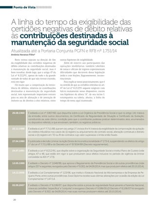Ponto de Vista 
A linha do tempo da exigibilidade das 
certidões negativas de débito relativas 
às contribuições destinadas à 
manutenção da seguridade social 
Atualizada até a Portaria Conjunta PGFN e RFB nº 1.751/14 
Antônio Herance Filho* 
Bons ventos sopram na direção do fim 
da exigibilidade das certidões negativas de 
débito relativas às contribuições destinadas 
à manutenção da seguridade social, mas é 
bom ressaltar, desde logo, que o artigo 47 da 
Lei nº 8.212/91, apesar de tudo e da grande 
vontade de todos de que não tivesse existido, 
está em vigor. 
Há muito que a comprovação da inexis-tência 
20 
de débitos, relativos às contribuições 
destinadas à manutenção da seguridade 
social, tem representado importante entrave 
para os atos de alienação e de oneração de 
imóveis ou de direitos a eles relativos, entre 
outras hipóteses de exigibilidade. 
Além de estorvo aos participantes das 
operações imobiliárias, também tabeliães 
de notas e oficiais de registro experimentam 
dificuldades que decorrem dessa legislação 
árida e com feições, flagrantemente, incons-titucionais. 
Para explicar nosso posicionamento, que é 
no sentido de que as certidões referidas no art. 
47 da Lei nº 8.212/91 seguem exigíveis com 
fulcro exatamente nesse dispositivo, exceto 
nas hipóteses da alínea “d”, de seu inciso I, 
estampamos na tabela, abaixo, a linha do 
tempo do tema aqui examinado. 
É editada a Lei nº 3.807/60, que dispunha sobre a Lei Orgânica da Previdência Social e que no artigo 141 tratava 
da emissão, entre outros documentos, do Certificado de Regularidade de Situação e Certificado de Quitação, 
constituindo-se, este último, condição para que o contribuinte pudesse praticar determinados atos, enumerados 
no dispositivo referido, e que envolviam, também, os registros públicos. 
É editada a Lei nº 7.711/88, que em seu artigo 1º, incisos III e IV, tratava da exigibilidade da comprovação da quitação 
de créditos tributários nos casos de: (i) registro ou arquivamento de contrato social, alteração contratual e distrato 
social; e (ii) registro em TD ou RI de contratos cujo valor superasse o limite então fixado. 
É publicada a decisão Liminar na Ação Direta de Inconstitucionalidade nº 173-6, suspendendo os efeitos do artigo 
1º da Lei nº 7.711/88 e do Decreto-Lei nº 97.834/89 (Decreto regulamentar). 
É editada a Lei nº 8.212/91, que dispõe sobre a organização da Seguridade Social e institui Plano de Custeio (vide 
artigos 47 e 48, que estão em vigor e que produziram seus efeitos inclusive no período de vigência da liminar 
concedida na ADI nº 173). 
É editado o Decreto nº 3.048/99, que aprova o Regulamento da Previdência Social e dá outras providências (vide 
artigos 257 e seguintes, revogados pelo Decreto nº 8.302, de 04.09.2014, mas que produzem efeitos até 20.10.2014). 
É editada a Lei Complementar nº 123/06, que institui o Estatuto Nacional da Microempresa e da Empresa de Pe-queno 
Porte, entre outras providências. Esse Diploma recebe suas últimas alterações por ocasião da edição da Lei 
Complementar nº 147/14. 
É editado o Decreto nº 6.106/07, que dispunha sobre a prova de regularidade fiscal perante a Fazenda Nacional, 
criava as certidões “específica” e “conjunta” e revogava o Decreto nº 5.586/05 (O Decreto nº 6.106/07 foi revogado 
pelo Decreto nº 8.302, de 04.09.2014, mas suas normas produzem efeitos até 20.10.2014). 
26.08.1960 
22.12.1988 
27.04.1990 
24.07.1991 
12.05.1999 
14.12.2006 
02.05.2007 
 