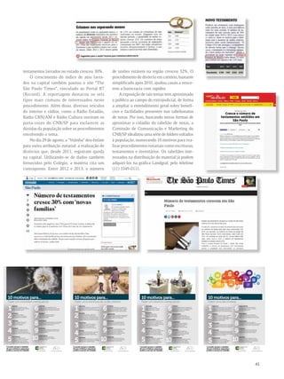 testamentos lavrados no estado cresceu 30%. 
O crescimento do índice de atos lavra-dos 
na capital também pautou o site “The 
São Paulo Times”, vinculado ao Portal R7 
(Record). A reportagem destacou os seis 
tipos mais comuns de interessados neste 
procedimento. Além disso, diversos veículos 
do interior e rádios, como a Rádio Estadão, 
Rádio CRN/AM e Rádio Cultura ouviram os 
porta-vozes do CNB/SP para esclarecer as 
dúvidas da população sobre os procedimentos 
envolvendo o tema. 
No dia 29 de agosto, a “Vejinha” deu ênfase 
para outra atribuição notarial: a realização de 
divórcios que, desde 2011, registram queda 
na capital. Utilizando-se de dados também 
fornecidos pelo Colégio, a matéria cita um 
contraponto. Entre 2012 e 2013, o número 
de uniões estáveis na região cresceu 32%. O 
procedimento de divórcio em cartório, bastante 
simplificado após 2010, ajudou casais a vence-rem 
a burocracia com rapidez. 
A exposição de tais temas tem aproximado 
o público ao campo do extrajudicial, de forma 
a ampliar o entendimento geral sobre benefí-cios 
e facilidades presentes nos tabelionatos 
de notas. Por isso, buscando novas formas de 
aproximar o cidadão do tabelião de notas, a 
Comissão de Comunicação e Marketing do 
CNB/SP idealizou uma série de folders voltados 
à população, numerando 10 motivos para rea-lizar 
procedimentos notariais como escrituras, 
testamentos e inventários. Os tabeliães inte-ressados 
na distribuição do material já podem 
adquiri-los na gráfica Landgraf, pelo telefone 
(11) 3349-0111. 
10 motivos para... 
Fazer uma ata notarial 
1Segurança 
A ata notarial documenta com fé pública 
e segurança jurídica algo presenciado ou 
constatado pelo tabelião, evitando-se a 
perda, destruição ou ocultação de provas. 
2Utilidade 
A ata notarial pode ter como conteúdo 
páginas da internet, imagens, sons, 
mensagens de texto, ligações telefônicas, 
reuniões ou quaisquer outros fatos 
presenciados pelo tabelião. 
6Imparcialidade 
O tabelião atua de forma imparcial 
na constatação dos fatos e narrativa 
do que foi presenciado. 
7Comodidade 
A ata notarial pode ser realizada em 
qualquer dia da semana ou horário, de 
acordo com a necessidade do interessado. 
A ata notarial é aceita em juízo como meio 
de constituição de prova, pois é revestida de 
força probatória, executiva e constitutiva. 8Conservação 
3Prova plena 
A ata notarial pode ter por objeto a 
constatação de fatos tipificados como crimes, 
auxiliando a justiça a punir os responsáveis. 
4Veracidade 
O documento público goza de presunção 
de legalidade e exatidão de conteúdo que 
somente podem ser afastados judicialmente 
mediante prova em contrário. 
9Economia 
A constituição de prova através da ata 
notarial gera economia de tempo, de 
energia e de recursos para as partes. 
5Perpetuidade 
A ata notarial fica eternamente 
arquivada em cartório, possibilitando 
a obtenção de 2a via (certidão) do 
documento a qualquer tempo. 
10Liberdade 
É livre a escolha do tabelião de notas 
qualquer que seja o domicílio das partes 
envolvidas, respeitando-se os limites do 
município de sua delegação. 
http://www.cnbsp.org.br http://www.notariado.org.br 
Consulte sempre o tabelião 
de sua confiança: segurança 
jurídica a serviço do cidadão. 
10 motivos para... 
Fazer um divórcio extrajudicial 
1Celeridade 
6Conforto 
O procedimento é mais 
rápido, mais prático e menos 
burocrático do que o judicial. A escritura pública pode ser assinada em 
cartório ou em outro local escolhido pelas 
partes, gerando maior comodidade e 
privacidade ao momento. 
2Economia 
O divórcio extrajudicial 
tem custo baixo e preço 
tabelado por lei estadual. 7Imparcialidade 
O tabelião de notas atua como 
conselheiro imparcial das partes mas 
a lei exige também a participação de 
advogado no procedimento extrajudicial. 3Consensualidade 
O casal deve estar de comum acordo 
quanto ao divórcio e não pode ter 
filhos menores ou incapazes, salvo se 
já tiver resolvido previamente em juízo 
as questões a eles relativas. 8Comodidade 
A escritura de divórcio dispensa 
a necessidade de homologação 
prévia do recolhimento de 
impostos pela Fazenda Estadual. 4Efetividade 
A escritura de divórcio dispensa 
homologação judicial e constitui título 
hábil para transferir bens móveis, 
imóveis, bem como para alterar o 
estado civil no cartório competente. 9Liberdade 
É livre a escolha do tabelião de 
notas qualquer que seja o domicílio 
do casal ou o local de situação dos 
bens a eles pertencentes. 
5Flexibilidade 
É possível estabelecer o pagamento 
de pensão alimentícia, definir a 
retomada do uso do nome de 
solteiro e fazer a partilha dos bens 
através da escritura pública. 
10Sustentabilidade 
O divórcio extrajudicial gera economia 
de tempo, de energia e de papel, 
contribuindo para a diminuição do 
número de processos no Judiciário. 
http://www.cnbsp.org.br http://www.notariado.org.br 
Consulte sempre o tabelião 
de sua confiança: segurança 
jurídica a serviço do cidadão. 
10 motivos para... 
Fazer uma escritura de união estável 
1Segurança 
6Facilidade 
Com a escritura pública, o casal terá prova 
da data de início da convivência e do 
regime de bens que vigora na união estável. A escritura permitirá que o companheiro 
seja incluído como dependente em planos 
de saúde, odontológicos, clubes, órgãos 
previdenciários e outros, sem burocracia. 
2Liberdade 
O casal pode estipular o regime de 
bens que desejar (comunhão parcial, 
comunhão universal, separação de bens 
ou participação final nos aquestos), salvo 
o caso de separação obrigatória de bens. 7Legitimidade 
A escritura pública autoriza o levantamento 
integral do seguro obrigatório DPVAT em 
caso de acidente do companheiro. 
8Praticidade 
3 Prova Plena 
A escritura de união estável facilita o 
recebimento de pensão do INSS em 
caso de falecimento do companheiro. O tabelião de notas tem fé pública e 
a declaração feita em sua presença 
independe de outras provas para 
comprovação da existência da união. 
4Garantia 
Os companheiros têm direito à herança 
um do outro e a escritura de união 
estável gera garantias ao sobrevivente. 
9Igualdade 
Casais do mesmo sexo podem utilizar 
a escritura de união estável para 
garantir segurança e proteção em 
âmbito patrimonial, sendo facilitada a 
sua conversão em casamento. 
Com a escritura pública feita em cartório, 
é possível obter uma segunda via (certidão) 
do documento a qualquer tempo. 10Celebração 
5Perenidade 
O casal pode fazer da assinatura da 
escritura um evento para comemorar 
a formalização da união estável. 
http://www.cnbsp.org.br http://www.notariado.org.br 
Consulte sempre o tabelião 
de sua confiança: segurança 
jurídica a serviço do cidadão. 
10 motivos para... 
Fazer um inventário extrajudicial 
1Agilidade 
6Liberdade 
O inventário extrajudicial é mais 
rápido, mais prático e não necessita 
de homologação judicial. É livre a escolha do tabelião de notas, 
independente do local do óbito ou do local 
de situação dos bens deixados pelo falecido. 
2Economia 
A escritura de inventário 
extrajudicial tem custo baixo e 
preço tabelado por lei estadual. 7Amplitude 
O inventário extrajudicial pode ser 
feito ainda que haja testamento 
caduco ou revogado. 
3Harmonia 
Todos os herdeiros devem ser 
maiores, capazes e estar de 
acordo com a partilha. 8Comodidade 
O inventário extrajudicial dispensa a necessidade 
de homologação prévia do recolhimento de 
impostos pela Fazenda Estadual. 
4Facilidade 
A escritura de inventário pode ser 
utilizada para o levantamento de 
valores em instituições financeiras e 
transferência de bens móveis e imóveis. 9Autonomia 
Os interessados podem pedir desistência do 
processo judicial a qualquer tempo e optar 
pela via extrajudicial. 
5Conveniência 
A escritura pública pode ser 
assinada em cartório, no escritório 
do advogado ou em outro local 
escolhido pelas partes, garantindo 
maior conforto e privacidade ao ato. 
10Independência 
Pode ser realizada sobrepartilha 
extrajudicial ainda que o inventário 
tenha sido judicial. 
http://www.cnbsp.org.br http://www.notariado.org.br 
Consulte sempre o tabelião 
de sua confiança: segurança 
jurídica a serviço do cidadão. 
41 
 