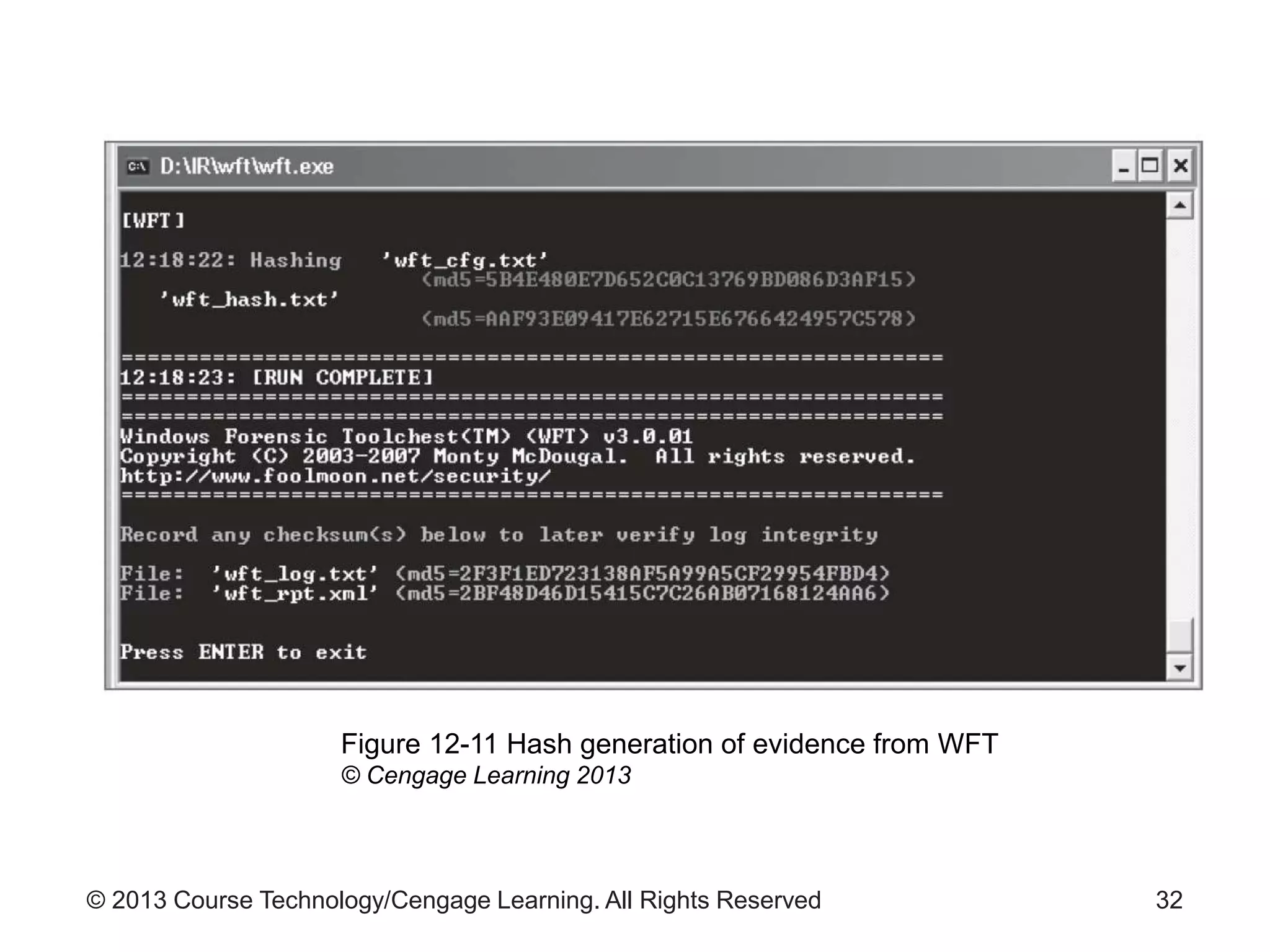 © 2013 Course Technology/Cengage Learning. All Rights Reserved 32
Figure 12-11 Hash generation of evidence from WFT
© Cengage Learning 2013
 