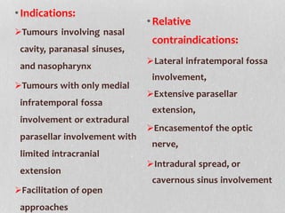 •Indications:
Tumours involving nasal
cavity, paranasal sinuses,
and nasopharynx
Tumours with only medial
infratemporal fossa
involvement or extradural
parasellar involvement with
limited intracranial
extension
Facilitation of open
approaches
•Relative
contraindications:
Lateral infratemporal fossa
involvement,
Extensive parasellar
extension,
Encasementof the optic
nerve,
Intradural spread, or
cavernous sinus involvement
 