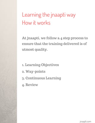 jnaapti.com
Learning the jnaapti way
How it works
At jnaapti, we follow a 4 step process to
ensure that the training deliv...