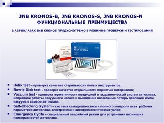 JNB KRONOS-B, JNB KRONOS-S, JNB KRONOS-N
                 ФУНКЦИОНАЛЬНЫЕ ПРЕИМУЩЕСТВА
    В АВТОКЛАВАХ JNB KRONOS ПРЕДУСМОТРЕНО 5 РЕЖИМОВ ПРОВЕРКИ И ТЕСТИРОВАНИЯ




   Helix test – проверка качества стерильности полых инструментов;
   Bowie-Dick test - проверка качества стерильности пористых материалов;
   Vacuum test - проверка герметичности воздушной и гидравлической систем автоклава,
    исправной работы вакуумного насоса и выявления возможных потерь давления и/или
    вакуума в камере автоклава.
   Self-Checking System – система самодиагностики и полного контроля всех рабочих
    параметров автоклава, электроники и электромеханических узлов;
   Emergency Cycle – специальный аварийный режим для устранения возникших
    неисправностей автоклава.
 