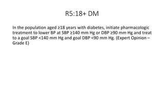 R5:18+ DM
In the population aged ≥18 years with diabetes, initiate pharmacologic
treatment to lower BP at SBP ≥140 mm Hg or DBP ≥90 mm Hg and treat
to a goal SBP <140 mm Hg and goal DBP <90 mm Hg. (Expert Opinion –
Grade E)
 