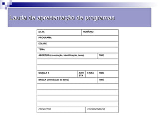 Lauda de apresentação de programas COORDENADOR PRODUTOR TIME BREAK (introdução do tema) TIME FAIXA ARTISTA MUSICA 1 TIME ABERTURA (saudação, identificação, tema) TEMA EQUIPE PROGRAMA HORÁRIO DATA 