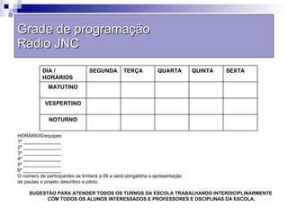Grade de programação Rádio JNC HORÁRIOS/equipes 1º ______________ 2º ______________ 3º ______________ 4º ______________ 5º ______________ 6º ______________ O número de participantes se limitará a 06 e será obrigatória a apresentação de pautas e projeto descritivo e piloto. SUGESTÃO PARA ATENDER TODOS OS TURNOS DA ESCOLA TRABALHANDO INTERDICIPLINARMENTE  COM TODOS OS ALUNOS INTERESSADOS E PROFESSORES E DSCIPLINAS DA ESCOLA. NOTURNO VESPERTINO MATUTINO SEXTA QUINTA  QUARTA TERÇA SEGUNDA DIA / HORÁRIOS 