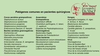 Patógenos comunes en pacientes quirúrgicos
Cocos aerobios grampositivos:
Staphylococcus aureus
Staphylococcus epidermidis
Streptococcus pyogenes
Streptococcus pneumoniae
Enterococcus faecium, E. faecalis
Bacilos aerobios gramnegativos:
Escherichia coli
Haemophilus influenzae
Klebsiella pneumoniae
Proteus mirabilis
Enterobacter cloacae, E. aerogenes
Serratia marcescens
Acinetobacter calcoaceticus
Citrobacter freundii
Pseudomonas aeruginosa
Xanthomonas maltophilia
Anaerobios:
Grampositivos
Clostridium difficile
Clostridium perfringens, C. tetani,
C. septicum
Especies de Peptostreptococcus
Gramnegativos
Bacteroides fragilis
Especies de Fusobacterium
Otras bacterias
Mycobacterium avium-intracellulare
Mycobacterium tuberculosis
Nocardia asteroides
Legionella pneumophila
Listeria monocytogenes
Hongos
Aspergillus fumigatus, A. niger,
A. terreus, A. flavus
Blastomyces dermatitidis
Candida albicans
Candida glabrata, C. parapsilosis,
C. krusei
Coccidioides immitis
Cryptococcus neoformans
Histoplasma capsulatum
Virus
Citomegalovirus
Virus de Epstein-Barr
Virus de las hepatitis A, B, C
Virus del herpes simple
Virus de la inmunodeficiencia humana
Virus de la varicela zoster
 