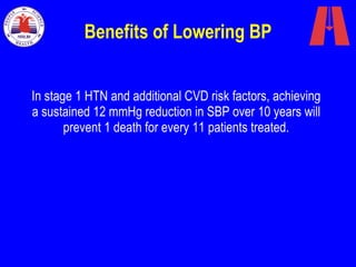Benefits of Lowering BP In stage 1 HTN and additional CVD risk factors, achieving  a sustained 12 mmHg reduction in SBP over 10 years will  prevent 1 death for every 11 patients treated.  