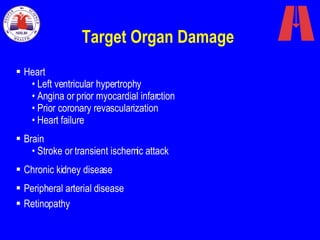 Target Organ Damage   Heart Left ventricular hypertrophy Angina or prior myocardial infarction Prior coronary revascularization Heart failure Brain Stroke or transient ischemic attack Chronic kidney disease Peripheral arterial disease Retinopathy 
