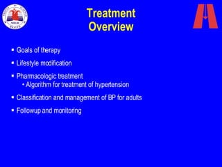 Treatment Overview Goals of therapy Lifestyle modification Pharmacologic treatment Algorithm for treatment of hypertension Classification and management of BP for adults Followup and monitoring 
