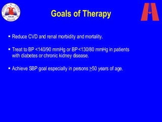 Goals of Therapy Reduce CVD and renal morbidity and mortality.  Treat to BP <140/90 mmHg or BP <130/80 mmHg in patients  with diabetes or chronic kidney disease.  Achieve SBP goal especially in persons  > 50 years of age . 