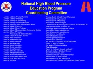 National High Blood Pressure  Education Program  Coordinating Committee American Academy of Family Physicians American Academy of Neurology American Academy of Ophthalmology American Academy of Physician Assistants American Association of Occupational Health Nurses American College of Cardiology American College of Chest Physicians American College of Occupational and Environmental Medicine American College of Physicians — American Society of Internal Medicine American College of Preventive Medicine American Dental Association American Diabetes Association American Dietetic Association American Heart Association American Hospital Association American Medical Association American Nurses Association American Optometric Association American Osteopathic Association American Pharmaceutical Association American Podiatric Medical Association American Public Health Association American Red Cross American Society of Health-System Pharmacists American Society of Hypertension American Society of Nephrology Association of Black Cardiologists Citizens for Public Action on High Blood Pressure and Cholesterol, Inc. Hypertension Education Foundation, Inc. International Society on Hypertension in Blacks National Black Nurses Association, Inc. National Hypertension Association, Inc. National Kidney Foundation, Inc. National Medical Association National Optometric Association National Stroke Association NHLBI Ad Hoc Committee on Minority Populations Society for Nutrition Education The Society of Geriatric Cardiology Federal Agencies: Agency for Healthcare Research and Quality Centers for Medicare & Medicaid Services  Department of Veterans Affairs Health Resources and Services Administration National Center for Health Statistics  National Heart, Lung, and Blood Institute National Institute of Diabetes and Digestive and Kidney Diseases 