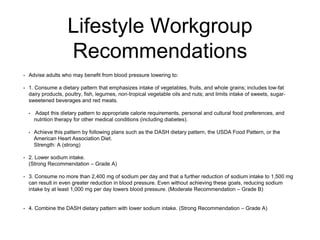 Lifestyle Workgroup
Recommendations
• Advise adults who may benefit from blood pressure lowering to:
• 1. Consume a dietary pattern that emphasizes intake of vegetables, fruits, and whole grains; includes low‐fat
dairy products, poultry, fish, legumes, non‐tropical vegetable oils and nuts; and limits intake of sweets, sugar‐
sweetened beverages and red meats.
• Adapt this dietary pattern to appropriate calorie requirements, personal and cultural food preferences, and
nutrition therapy for other medical conditions (including diabetes).
• Achieve this pattern by following plans such as the DASH dietary pattern, the USDA Food Pattern, or the
American Heart Association Diet.
Strength: A (strong)
• 2. Lower sodium intake.
(Strong Recommendation – Grade A)
• 3. Consume no more than 2,400 mg of sodium per day and that a further reduction of sodium intake to 1,500 mg
can result in even greater reduction in blood pressure. Even without achieving these goals, reducing sodium
intake by at least 1,000 mg per day lowers blood pressure. (Moderate Recommendation – Grade B)
• 4. Combine the DASH dietary pattern with lower sodium intake. (Strong Recommendation – Grade A)
 