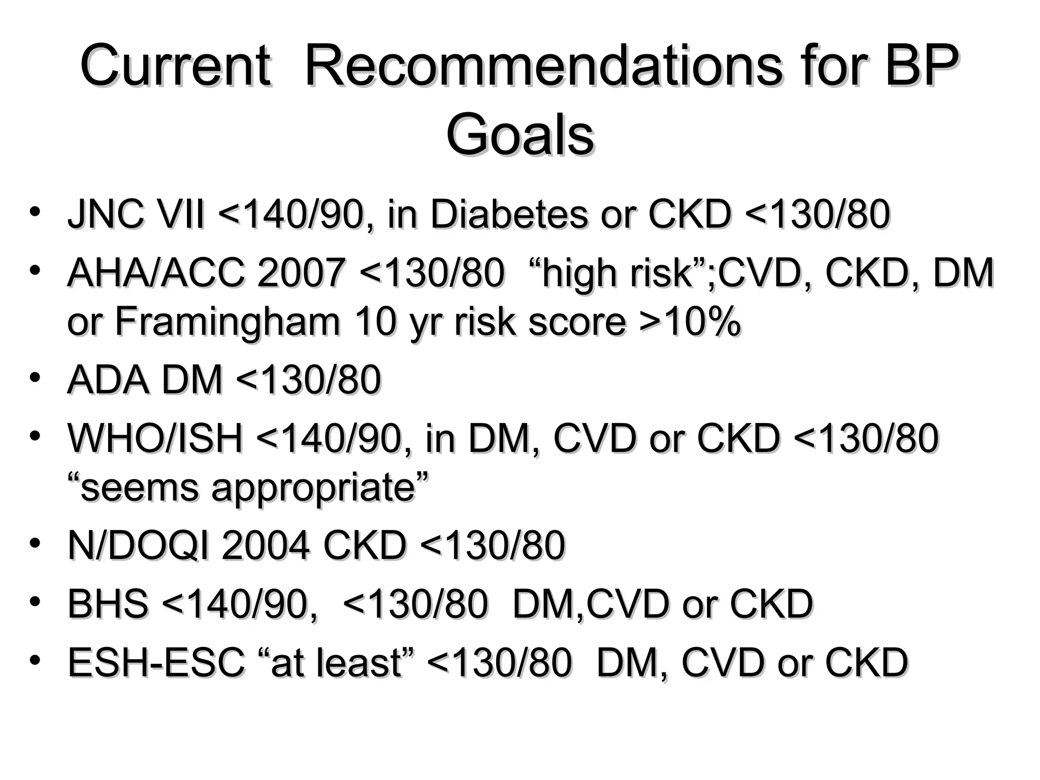 Current Recommendations for BPCurrent Recommendations for BP
GoalsGoals
• JNC VII <140/90, in Diabetes or CKD <130/80JNC VII <140/90, in Diabetes or CKD <130/80
• AHA/ACC 2007 <130/80 “high risk”;CVD, CKD, DMAHA/ACC 2007 <130/80 “high risk”;CVD, CKD, DM
or Framingham 10 yr risk score >10%or Framingham 10 yr risk score >10%
• ADA DM <130/80ADA DM <130/80
• WHO/ISH <140/90, in DM, CVD or CKD <130/80WHO/ISH <140/90, in DM, CVD or CKD <130/80
“seems appropriate”“seems appropriate”
• N/DOQI 2004 CKD <130/80N/DOQI 2004 CKD <130/80
• BHS <140/90, <130/80 DM,CVD or CKDBHS <140/90, <130/80 DM,CVD or CKD
• ESH-ESC “at least” <130/80 DM, CVD or CKDESH-ESC “at least” <130/80 DM, CVD or CKD
 