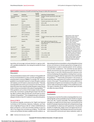 Copyright 2013 American Medical Association. All rights reserved.
ing entities and encourage continued attention to rigorous meth-
ods in guideline development, thus raising the standard for future
guidelines.
Discussion
The recommendations based on RCT evidence in this guideline dif-
fer from recommendations in other currently used guidelines sup-
portedbyexpertconsensus(Table6).Forexample,JNC7andother
guidelines recommended treatment to lower BP goals in patients
with diabetes and CKD based on observational studies.12
Recently,
several guideline documents such as those from the American Dia-
betesAssociationhaveraisedthesystolicBPgoalstovaluesthatare
similartothoserecommendedinthisevidence-basedguideline.37-42
Other guidelines such as those of the European Society of Hyper-
tension also recommend a systolic BP goal of lower than 150 mm
Hg, albeit in patients older than 80 years (not 60 years as recom-
mendedinthisguideline).37
Thischanginglandscapeisunderstand-
ablegiventhelackofclearRCTevidenceinmanyclinicalsituations.
History of JNC 8
The panel was originally constituted as the “Eighth Joint National
Committee on the Prevention, Detection, Evaluation, and Treat-
ment of High Blood Pressure (JNC 8).” In March 2008 NHLBI sent
letters inviting the co-chairs and committee members to serve on
JNC 8. The charge to the committee was as follows: “The JNC 8 will
review and synthesize the latest available scientific evidence, up-
dateexistingclinicalrecommendations,andprovideguidancetobusy
primary care clinicians on the best approaches to manage and con-
trol hypertension in order to minimize patients’ risk for cardiovas-
cular and other complications.” The committee was also asked to
identify and prioritize the most important questions for the evi-
dence review. In June 2013, NHLBI announced its decision to dis-
continue developing clinical guidelines including those in process,
instead partnering with selected organizations that would develop
the guidelines.43,44
Importantly, participation in this process re-
quired that these organizations be involved in producing the final
content of the report. The panel elected to pursue publication in-
dependentlytobringtherecommendationstothepublicinatimely
manner while maintaining the integrity of the predefined process.
This report is therefore not an NHLBI sanctioned report and does
not reflect the views of NHLBI.
Conclusions
Itisimportanttonotethatthisevidence-basedguidelinehasnotre-
definedhighBP,andthepanelbelievesthatthe140/90mmHgdefi-
nition from JNC 7 remains reasonable. The relationship between
naturallyoccurringBPandriskislineardowntoverylowBP,butthe
benefitoftreatingtotheselowerlevelswithantihypertensivedrugs
is not established. For all persons with hypertension, the potential
benefits of a healthy diet, weight control, and regular exercise can-
notbeoveremphasized.Theselifestyletreatmentshavethepoten-
tial to improve BP control and even reduce medication needs. Al-
Table 6. Guideline Comparisons of Goal BP and Initial Drug Therapy for Adults With Hypertension
Guideline Population
Goal BP,
mm Hg Initial Drug Treatment Options
2014 Hypertension
guideline
General ≥60 y <150/90 Nonblack: thiazide-type diuretic, ACEI, ARB,
or CCB
General <60 y <140/90 Black: thiazide-type diuretic or CCB
Diabetes <140/90 Thiazide-type diuretic, ACEI, ARB, or CCB
CKD <140/90 ACEI or ARB
ESH/ESC 201337
General nonelderly <140/90 β-Blocker, diuretic, CCB, ACEI, or ARB
General elderly <80 y <150/90
General ≥80 y <150/90
Diabetes <140/85 ACEI or ARB
CKD no proteinuria <140/90 ACEI or ARB
CKD + proteinuria <130/90
CHEP 201338
General <80 y <140/90 Thiazide, β-blocker (age <60y), ACEI (nonblack),
or ARB
General ≥80 y <150/90
Diabetes <130/80 ACEI or ARB with additional CVD risk
ACEI, ARB, thiazide, or DHPCCB without addi-
tional CVD risk
CKD <140/90 ACEI or ARB
ADA 201339
Diabetes <140/80 ACEI or ARB
KDIGO 201240
CKD no proteinuria ≤140/90 ACEI or ARB
CKD + proteinuria ≤130/80
NICE 201141
General <80 y <140/90 <55 y: ACEI or ARB
General ≥80 y <150/90 ≥55 y or black: CCB
ISHIB 201042
Black, lower risk <135/85 Diuretic or CCB
Target organ damage
or CVD risk
<130/80
Abbreviations: ADA, American
Diabetes Association; ACEI,
angiotensin-converting enzyme
inhibitor; ARB, angiotensin receptor
blocker; CCB, calcium channel
blocker; CHEP, Canadian
Hypertension Education Program;
CKD, chronic kidney disease; CVD,
cardiovascular disease; DHPCCB,
dihydropyridine calcium channel
blocker; ESC, European Society of
Cardiology; ESH, European Society of
Hypertension; ISHIB, International
Society for Hypertension in Blacks;
JNC, Joint National Committee;
KDIGO, Kidney Disease: Improving
Global Outcome; NICE, National
Institute for Health and Clinical
Excellence.
Clinical Review & Education Special Communication 2014 Guideline for Management of High Blood Pressure
E12 JAMA Published online December 18, 2013 jama.com
Copyright 2013 American Medical Association. All rights reserved.
Downloaded From: http://jama.jamanetwork.com/ on 12/19/2013
 