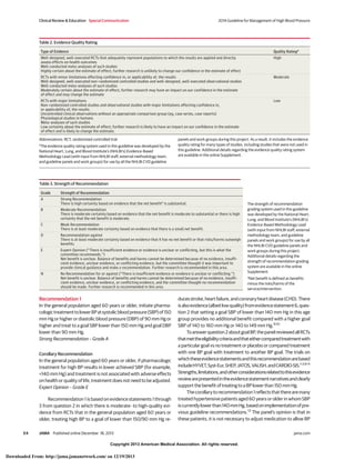 Copyright 2013 American Medical Association. All rights reserved.
Recommendation 1
In the general population aged 60 years or older, initiate pharma-
cologictreatmenttolowerBPatsystolicbloodpressure(SBP)of150
mm Hg or higher or diastolic blood pressure (DBP) of 90 mm Hg or
higher and treat to a goal SBP lower than 150 mm Hg and goal DBP
lower than 90 mm Hg.
Strong Recommendation – Grade A
Corollary Recommendation
In the general population aged 60 years or older, if pharmacologic
treatment for high BP results in lower achieved SBP (for example,
<140 mm Hg) and treatment is not associated with adverse effects
on health or quality of life, treatment does not need to be adjusted.
Expert Opinion – Grade E
Recommendation 1 is based on evidence statements 1 through
3 from question 2 in which there is moderate- to high-quality evi-
dence from RCTs that in the general population aged 60 years or
older, treating high BP to a goal of lower than 150/90 mm Hg re-
ducesstroke,heartfailure,andcoronaryheartdisease(CHD).There
isalsoevidence(albeitlowquality)fromevidencestatement6,ques-
tion 2 that setting a goal SBP of lower than 140 mm Hg in this age
group provides no additional benefit compared with a higher goal
SBP of 140 to 160 mm Hg or 140 to 149 mm Hg.9,10
Toanswerquestion2aboutgoalBP,thepanelreviewedallRCTs
thatmettheeligibilitycriteriaandthateithercomparedtreatmentwith
a particular goal vs no treatment or placebo or compared treatment
with one BP goal with treatment to another BP goal. The trials on
whichtheseevidencestatementsandthisrecommendationarebased
includeHYVET,Syst-Eur,SHEP,JATOS,VALISH,andCARDIO-SIS.1-3,9-11
Strengths,limitations,andotherconsiderationsrelatedtothisevidence
reviewarepresentedintheevidencestatementnarrativesandclearly
support the benefit of treating to a BP lower than 150 mm Hg.
Thecorollarytorecommendation1reflectsthattherearemany
treated hypertensive patients aged 60 years or older in whom SBP
iscurrentlylowerthan140mmHg,basedonimplementationofpre-
vious guideline recommendations.12
The panel’s opinion is that in
these patients, it is not necessary to adjust medication to allow BP
Table 3. Strength of Recommendation
Grade Strength of Recommendation
A Strong Recommendation
There is high certainty based on evidence that the net benefita
is substantial.
B Moderate Recommendation
There is moderate certainty based on evidence that the net benefit is moderate to substantial or there is high
certainty that the net benefit is moderate.
C Weak Recommendation
There is at least moderate certainty based on evidence that there is a small net benefit.
D Recommendation against
There is at least moderate certainty based on evidence that it has no net benefit or that risks/harms outweigh
benefits.
E Expert Opinion (“There is insufficient evidence or evidence is unclear or conflicting, but this is what the
committee recommends.”)
Net benefit is unclear. Balance of benefits and harms cannot be determined because of no evidence, insuffi-
cient evidence, unclear evidence, or conflicting evidence, but the committee thought it was important to
provide clinical guidance and make a recommendation. Further research is recommended in this area.
N No Recommendation for or against (“There is insufficient evidence or evidence is unclear or conflicting.”)
Net benefit is unclear. Balance of benefits and harms cannot be determined because of no evidence, insuffi-
cient evidence, unclear evidence, or conflicting evidence, and the committee thought no recommendation
should be made. Further research is recommended in this area.
The strength of recommendation
grading system used in this guideline
was developed by the National Heart,
Lung, and Blood Institute’s (NHLBI’s)
Evidence-Based Methodology Lead
(with input from NHLBI staff, external
methodology team, and guideline
panels and work groups) for use by all
the NHLBI CVD guideline panels and
work groups during this project.
Additional details regarding the
strength of recommendation grading
system are available in the online
Supplement.
a
Net benefit is defined as benefits
minus the risks/harms of the
service/intervention.
Table 2. Evidence Quality Rating
Type of Evidence Quality Ratinga
Well-designed, well-executed RCTs that adequately represent populations to which the results are applied and directly
assess effects on health outcomes
Well-conducted meta-analyses of such studies
Highly certain about the estimate of effect; further research is unlikely to change our confidence in the estimate of effect
High
RCTs with minor limitations affecting confidence in, or applicability of, the results
Well-designed, well-executed non–randomized controlled studies and well-designed, well-executed observational studies
Well-conducted meta-analyses of such studies
Moderately certain about the estimate of effect; further research may have an impact on our confidence in the estimate
of effect and may change the estimate
Moderate
RCTs with major limitations
Non–randomized controlled studies and observational studies with major limitations affecting confidence in,
or applicability of, the results
Uncontrolled clinical observations without an appropriate comparison group (eg, case series, case reports)
Physiological studies in humans
Meta-analyses of such studies
Low certainty about the estimate of effect; further research is likely to have an impact on our confidence in the estimate
of effect and is likely to change the estimate.
Low
Abbreviations: RCT, randomized controlled trial
a
The evidence quality rating system used in this guideline was developed by the
National Heart, Lung, and Blood Institute’s (NHLBI’s) Evidence-Based
Methodology Lead (with input from NHLBI staff, external methodology team,
and guideline panels and work groups) for use by all the NHLBI CVD guideline
panels and work groups during this project. As a result, it includes the evidence
quality rating for many types of studies, including studies that were not used in
this guideline. Additional details regarding the evidence quality rating system
are available in the online Supplement.
Clinical Review & Education Special Communication 2014 Guideline for Management of High Blood Pressure
E4 JAMA Published online December 18, 2013 jama.com
Copyright 2013 American Medical Association. All rights reserved.
Downloaded From: http://jama.jamanetwork.com/ on 12/19/2013
 