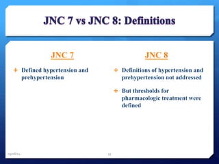 JNC 7 
 Defined hypertension and 
prehypertension 
JNC 8 
 Definitions of hypertension and 
prehypertension not addressed 
 But thresholds for 
pharmacologic treatment were 
defined 
09/08/14 33 
 