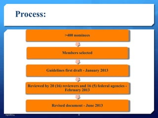 Process: 
>400 nominees 
Members selected 
Guidelines first draft - January 2013 
Reviewed by 20 (16) reviewers and 16 (5) federal agencies - 
February 2013 
Revised document - June 2013 
09/08/14 8 
 
