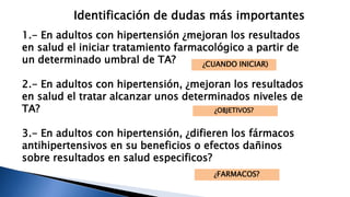 Identificación de dudas más importantes 
1.- En adultos con hipertensión ¿mejoran los resultados 
en salud el iniciar tratamiento farmacológico a partir de 
un determinado umbral de TA? 
¿CUANDO INICIAR) 
2.- En adultos con hipertensión, ¿mejoran los resultados 
en salud el tratar alcanzar unos determinados niveles de 
TA? 
¿OBJETIVOS? 
3.- En adultos con hipertensión, ¿difieren los fármacos 
antihipertensivos en su beneficios o efectos dañinos 
sobre resultados en salud especificos? 
¿FARMACOS? 
 