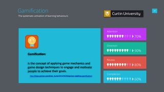 Attention
Direction
Review
Completion
07
Gamiﬁcation
The systematic activation of learning behaviours
70%
90%
80%
60%
Gamiﬁca'on:+
!
is!the!concept!of!applying!game!mechanics!and!
game!design!techniques!to!engage!and!mo4vate!
people!to!achieve!their!goals.!
! h8p://blogs.gartner.com/brian_burke/2014/04/04/gartnerBredeﬁnesBgamiﬁca4on/!!
 