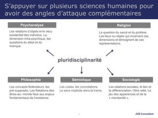 JCB Consultant3
S’appuyer sur plusieurs sciences humaines pour
avoir des angles d’attaque complémentaires
pluridisciplinarité
Les concepts fédérateurs, les
pré-supposés. Les Relations des
êtres-au- monde face aux enjeux
fondamentaux de l’existence.
Les relations d’objets et le vécu
existentiel des individus. La
dimension intra-psychique, les
questions du désir et du
manque.
Les relations sociales, le lien et
la différenciation, l’être relié. Le
jeu des apparences et de la
« mondanité ».
La question du sacré et du profane.
Les lieux ou objets qui incarnent ces
dimensions et témoignent de ces
représentations.
Sémiotique
Les codes, les connotations
Le sens implicite dans la trame.
Sociologie
Religion
Philosophie
Psychanalyse
 
