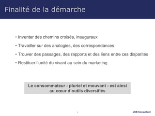 JCB Consultant6
Finalité de la démarche
• Inventer des chemins croisés, inauguraux
• Travailler sur des analogies, des correspondances
• Trouver des passages, des rapports et des liens entre ces disparités
• Restituer l’unité du vivant au sein du marketing
Le consommateur - pluriel et mouvant - est ainsi
au cœur d’outils diversifiés
 