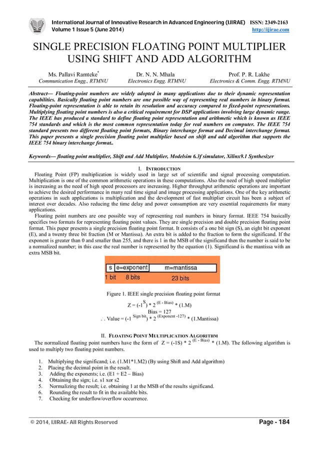 SINGLE PRECISION FLOATING POINT MULTIPLIER USING SHIFT AND ADD ...
