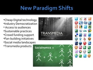 •Cheap Digital technology
•Industry Democratization
• Access to audiences
•Sustainable practices
•Crowd funding support
•Fan-building initiatives
•Social media landscapes
•Transmedia products
 