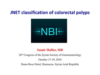 JNET classification of colorectal polyps
Samir Haffar, MD
26th Congress of the Syrian Society of Gastroenterology
October 17-19, 2018
Dama Rose Hotel, Damascus, Syrian Arab Republic
 