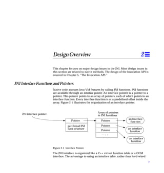 Design Overview                                                            2

                            This chapter focuses on major design issues in the JNI. Most design issues in
                            this section are related to native methods. The design of the Invocation API is
                            covered in Chapter 5, “The Invocation API.”


JNI Interface Functions and Pointers
                            Native code accesses Java VM features by calling JNI functions. JNI functions
                            are available through an interface pointer. An interface pointer is a pointer to a
                            pointer. This pointer points to an array of pointers, each of which points to an
                            interface function. Every interface function is at a predeﬁned offset inside the
                            array. Figure 2-1 illustrates the organization of an interface pointer.


                                                                  Array of pointers
    JNI interface pointer                                         to JNI functions
                                                                                            an interface
                                            Pointer                  Pointer                 function
                                         per-thread JNI              Pointer
                                         data structure                                     an interface
                                                                     Pointer                 function
                                                                     ...
                                                                                             an interface
                                                                                              function

                            Figure 2-1 Interface Pointer

                            The JNI interface is organized like a C++ virtual function table or a COM
                            interface. The advantage to using an interface table, rather than hard-wired

                                                                                                             7
 