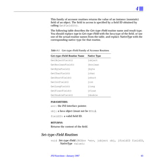 4
      This family of accessor routines returns the value of an instance (nonstatic)
      ﬁeld of an object. The ﬁeld to access is speciﬁed by a ﬁeld ID obtained by
      calling GetFieldID().

      The following table describes the Get<type>Field routine name and result type.
      You should replace type in Get<type>Field with the Java type of the ﬁeld, or use
      one of the actual routine names from the table, and replace NativeType with the
      corresponding native type for that routine.



      Table 4-1   Get<type>Field Family of Accessor Routines

      Get<type>Field Routine Name        Native Type
      GetObjectField()                   jobject
      GetBooleanField()                  jboolean
      GetByteField()                     jbyte
      GetCharField()                     jchar
      GetShortField()                    jshort
      GetIntField()                      jint
      GetLongField()                     jlong
      GetFloatField()                    jfloat
      GetDoubleField()                   jdouble

      PARAMETERS:
      env: the JNI interface pointer.

      obj: a Java object (must not be NULL).

      fieldID: a valid ﬁeld ID.

      RETURNS:
      Returns the content of the ﬁeld.


Set<type>Field Routines
      void Set<type>Field(JNIEnv *env, jobject obj, jfieldID fieldID,
            NativeType value);



      JNI Functions—January 1997                                                      43
 