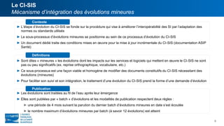 ► L’étape d’évolution du CI-SIS se fonde sur la procédure qui vise à améliorer l’interopérabilité des SI par l’adaptation des
normes ou standards utilisés
► Le sous-processus d’évolutions mineures se positionne au sein de ce processus d’évolution du CI-SIS
► Un document dédié traite des conditions mises en œuvre pour la mise à jour incrémentale du CI-SIS (documentation ASIP
Santé)
Contexte
► Sont dites « mineures » les évolutions dont les impacts sur les services et logiciels qui mettent en œuvre le CI-SIS ne sont
pas ou peu significatifs (ex. reprise orthographique, vocabulaire, etc.)
► Ce sous-processus est une façon viable et homogène de modifier des documents constitutifs du CI-SIS nécessitant des
évolutions (mineures)
► Pour faciliter son suivi et son intégration, le traitement d’une évolution du CI-SIS prend la forme d’une demande d’évolution
Définitions
► Les évolutions sont traitées au fil de l’eau après leur émergence
► Elles sont publiées par « batch » d’évolutions et les modalités de publication respectent deux règles :
► une période de 4 mois suivant la parution du dernier batch d’évolutions mineures en date s’est écoulée
► le nombre maximum d’évolutions mineures par batch (à savoir 12 évolutions) est atteint
Publication
Le CI-SIS
Mécanisme d’intégration des évolutions mineures
9
 