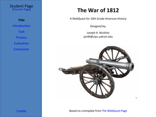 The War of 1812 Student Page Title Introduction Task Process Evaluation Conclusion Credits [ Teacher Page ] A WebQuest for 10th Grade American History Designed by; Joseph A. Nicolino [email_address] Based on a template from  The WebQuest Page *1 