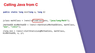 Calling Java from C
jclass mathClass = (*env)->FindClass(env, "java/lang/Math");
jmethodID minMethodID = (*env)->GetStaticMethodID(env, mathClass,
"min", "(JJ)J");
jlong min = (*env)->CallStaticLongMethod(env, mathClass,
minMethodID, x, y);
public static long min(long a, long b)
 
